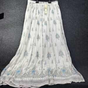Long Tall Sally Maxi Skirt UK 10 US 14 White Blue Floral Layered Pleated Long